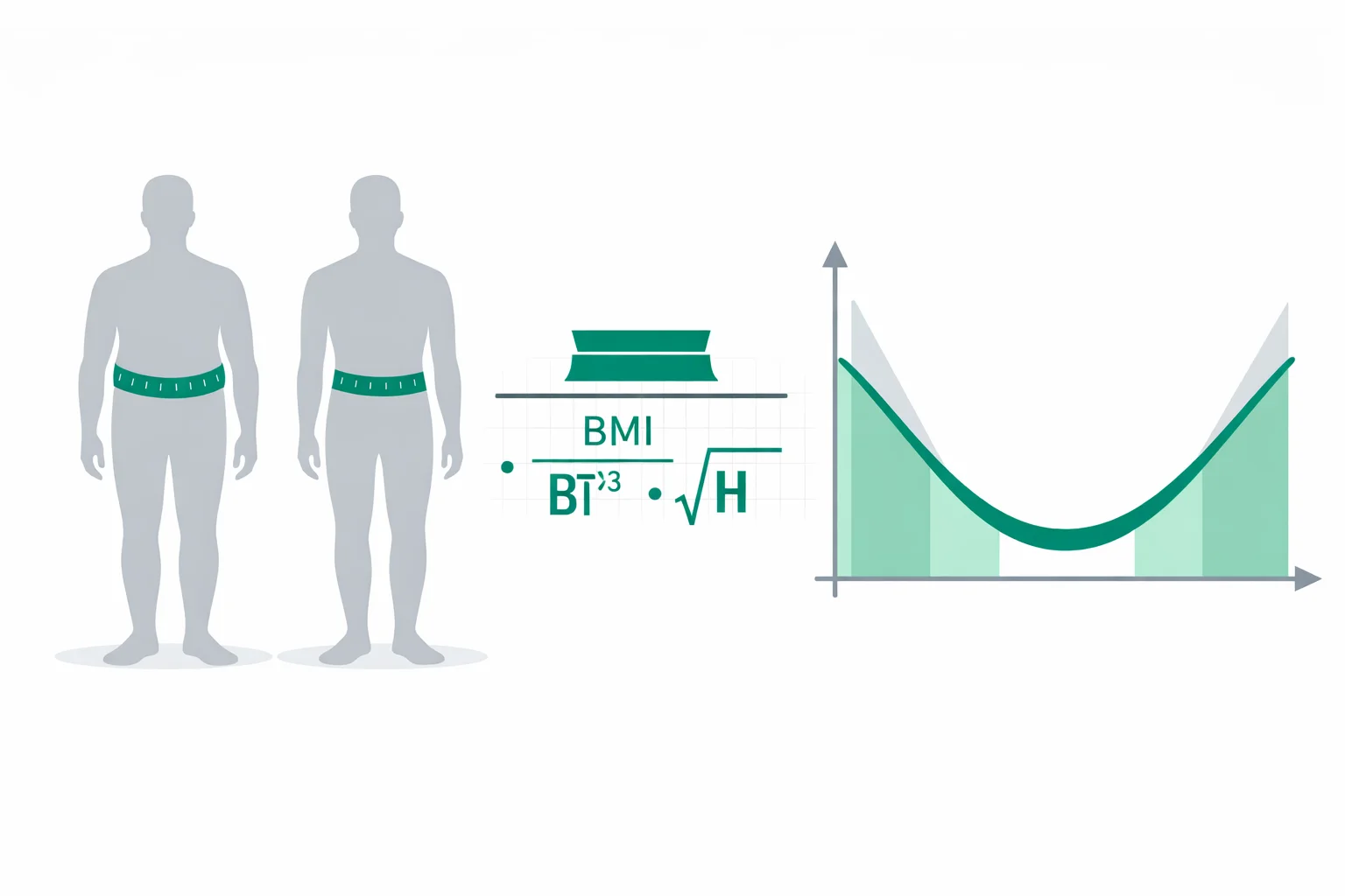 Illustration of two same-BMI body silhouettes with different waist sizes beside the A Body Shape Index formula and an ABSI z-score mortality-risk curve