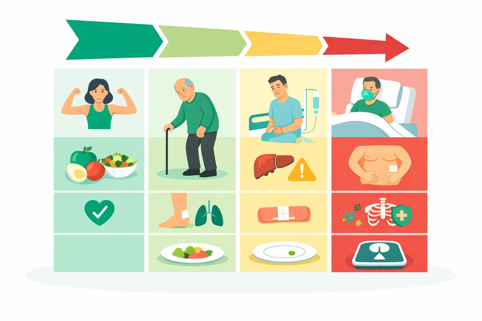 Albumin level interpretation chart showing normal, mild, moderate, and severe hypoalbuminemia with associated clinical conditions and nutritional implications