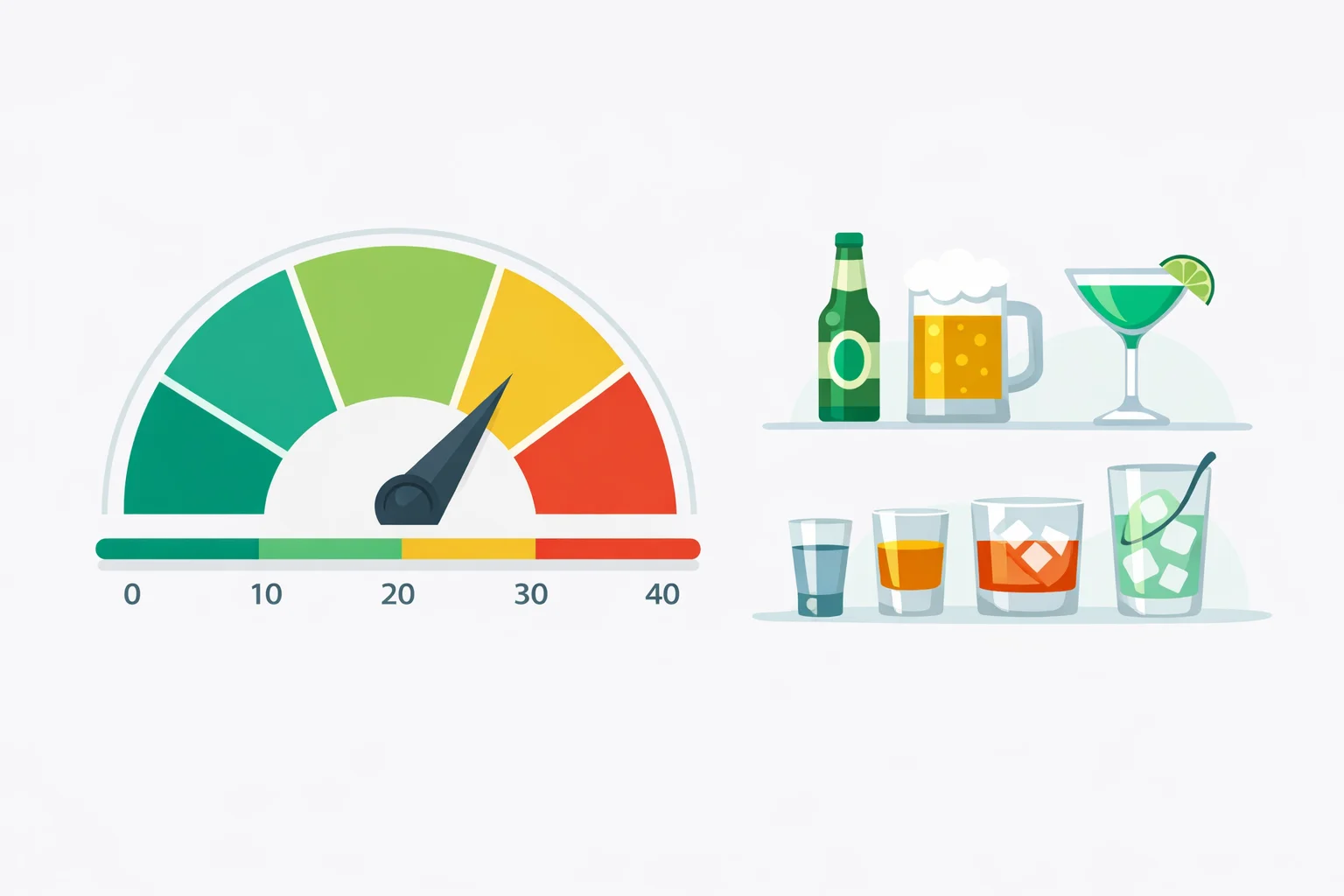 Clinical illustration of the 10-item AUDIT alcohol screening test with a 0 to 40 score meter split into four WHO risk zones beside a standard drink chart