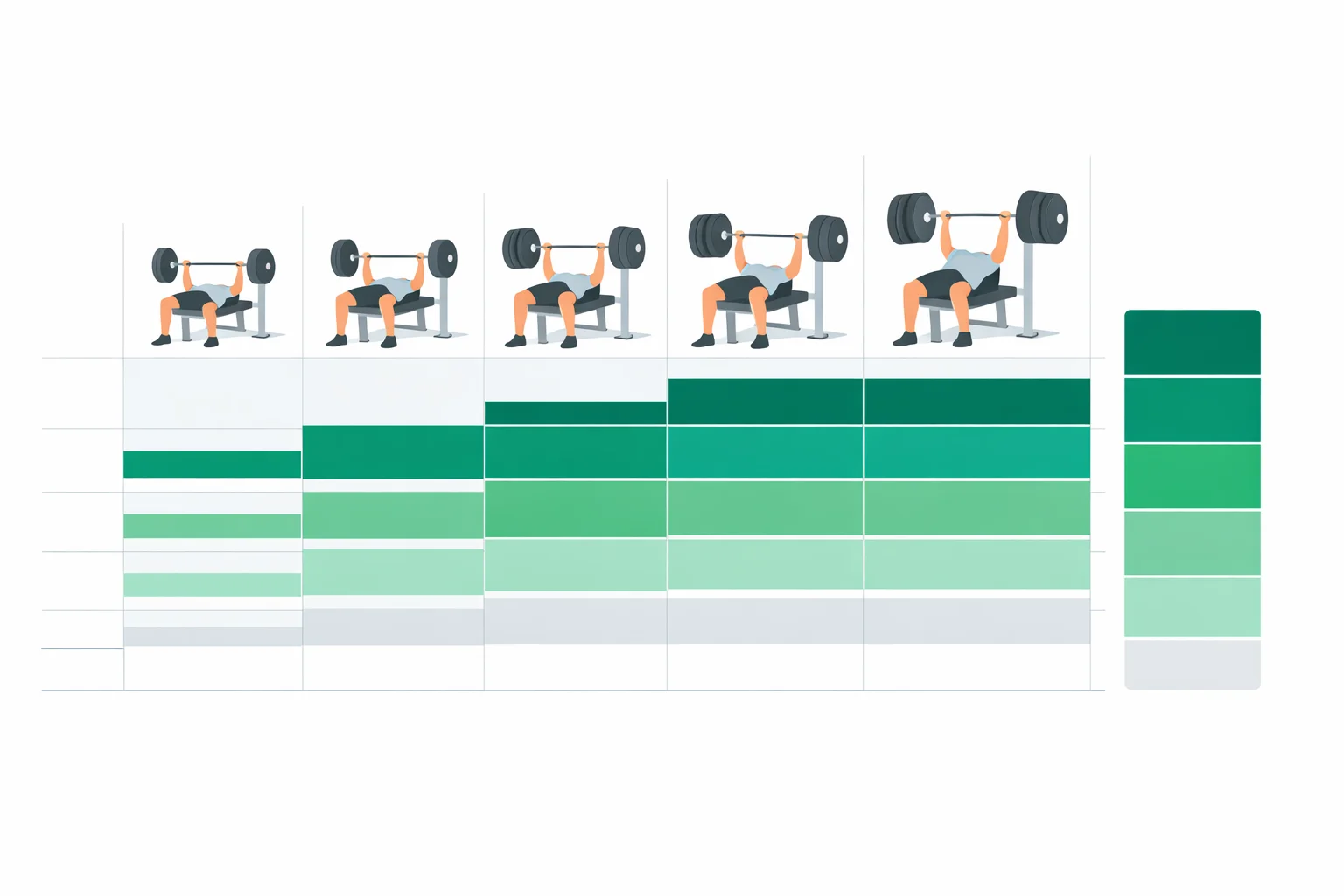 Bench press strength standards chart showing beginner through elite 1RM levels by body weight and sex with percentage-based training zones and overload targets