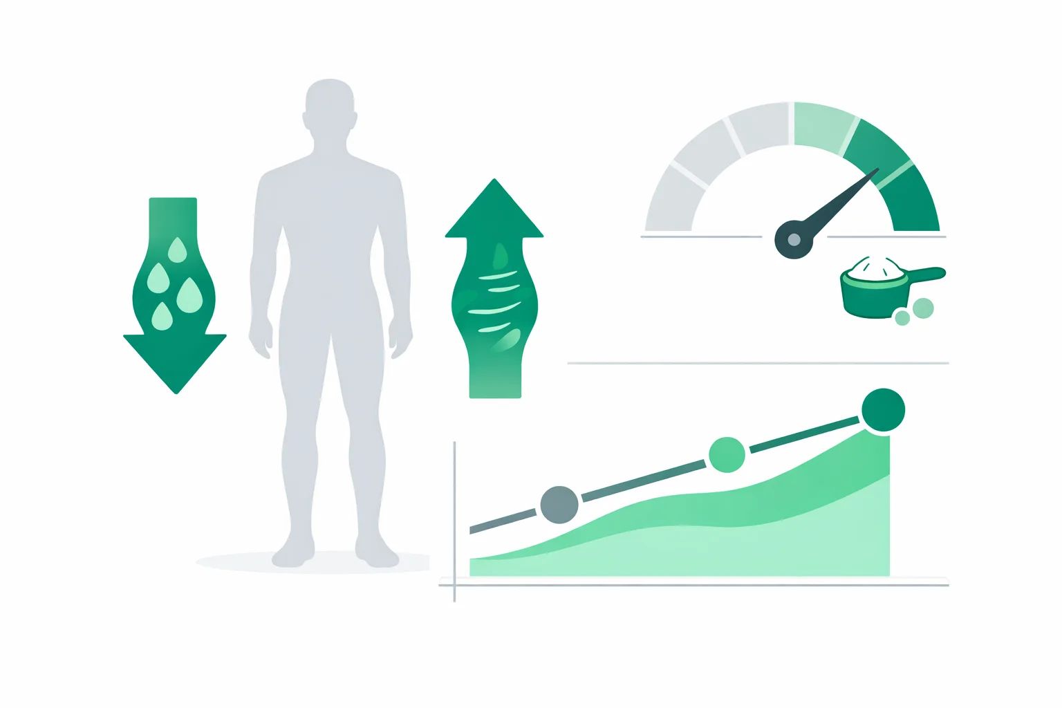 Flat illustration of a body silhouette with dual arrows showing fat mass falling and lean mass rising, a protein-per-kilogram gauge and a recomp timeline chart