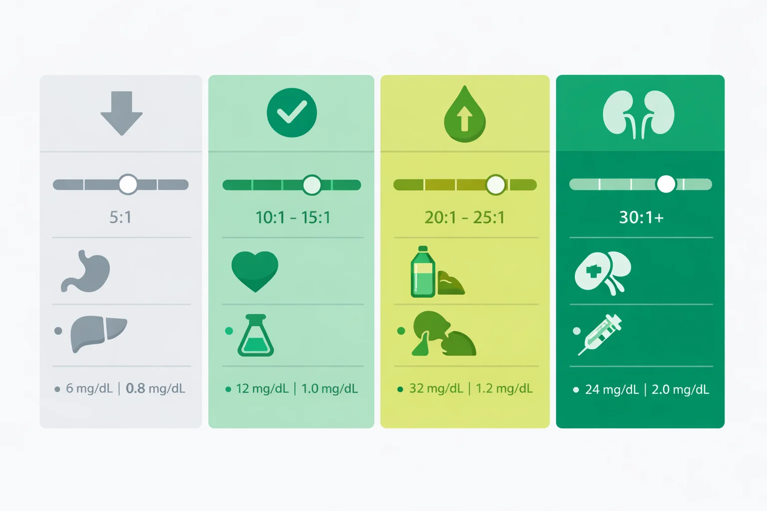 Color-coded chart of BUN to creatinine ratio ranges showing low, normal, pre-renal, and intrinsic kidney categories with typical causes and lab value examples.