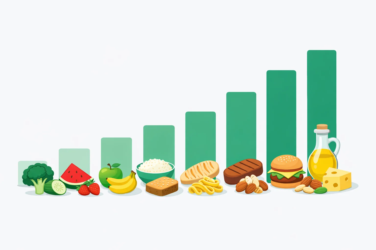 Comparison chart showing calorie density of common foods, from low-density vegetables and fruit up to high-density nuts, cheese and oils, in kcal per gram.