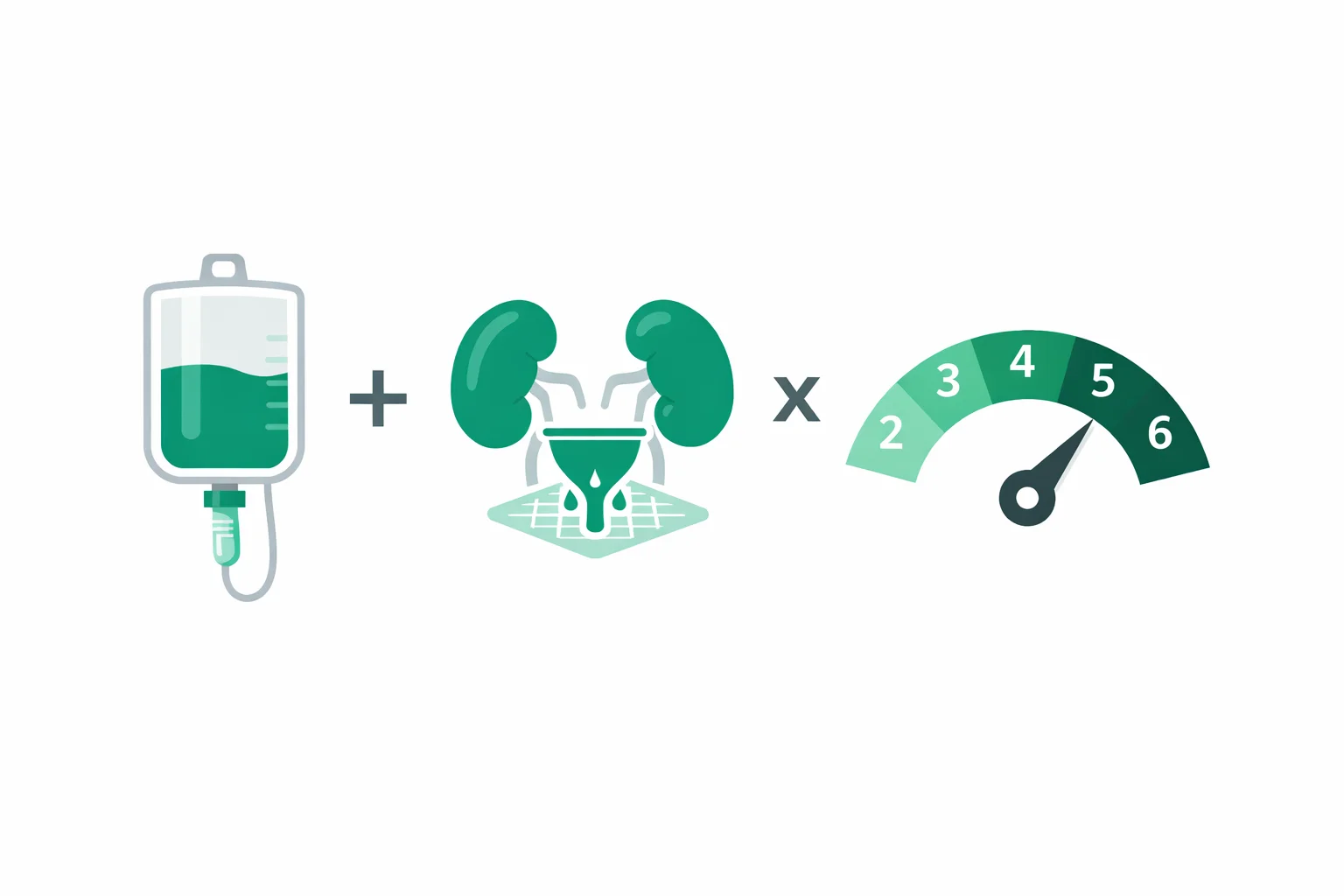 Medical illustration of the Calvert formula Dose = AUC x (GFR + 25) with an IV infusion bag, kidney filtration icon, and a target AUC dial from 2 to 7