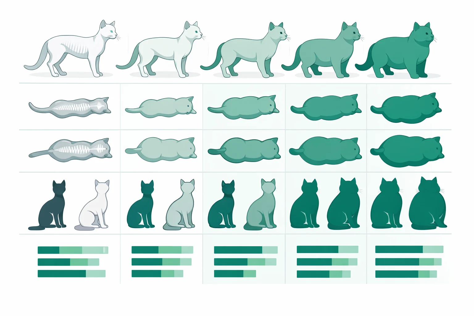 Feline body condition score chart with visual and palpation guides from underweight through obese, showing ideal weight ranges for small, medium, and large cats