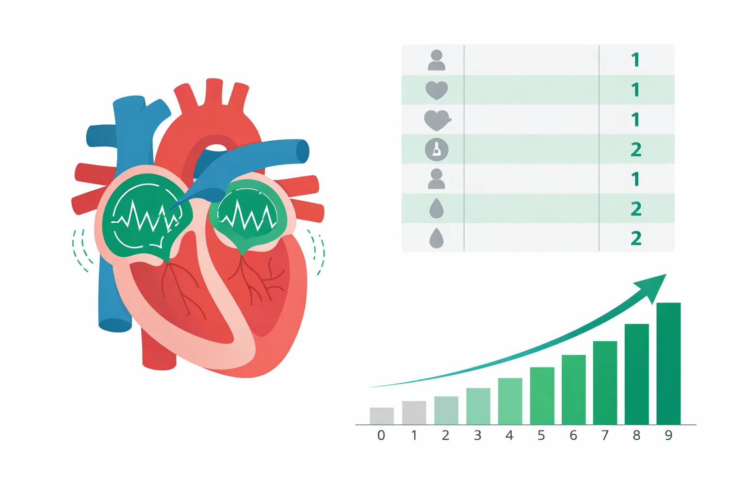 Flat medical illustration of a heart in atrial fibrillation with the CHA2DS2-VASc point table and a bar chart of annual stroke risk climbing by score.