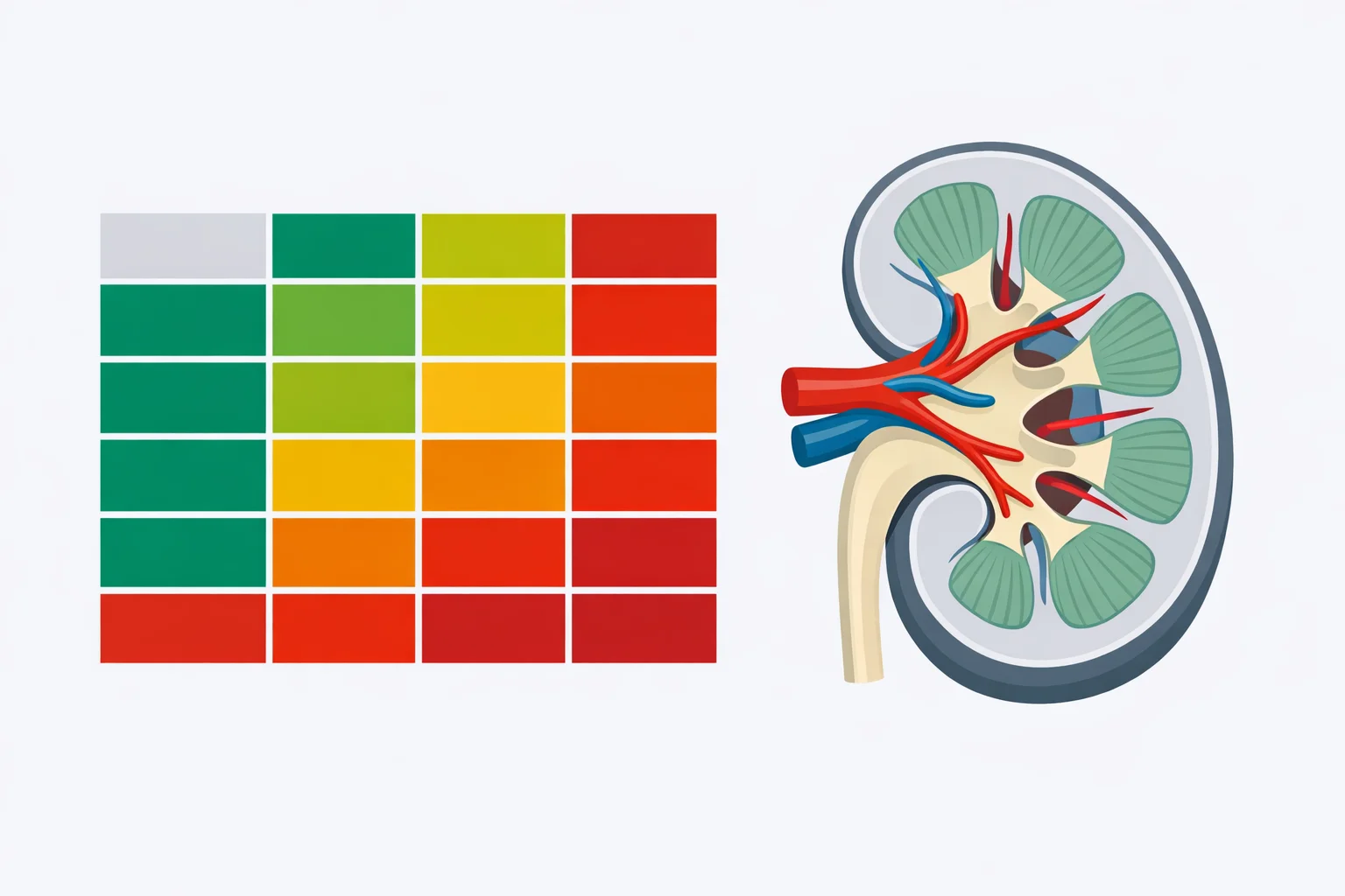 KDIGO chronic kidney disease heat map grid with eGFR rows G1-G5 and albuminuria columns A1-A3 color-coded green to red beside a human kidney cross-section