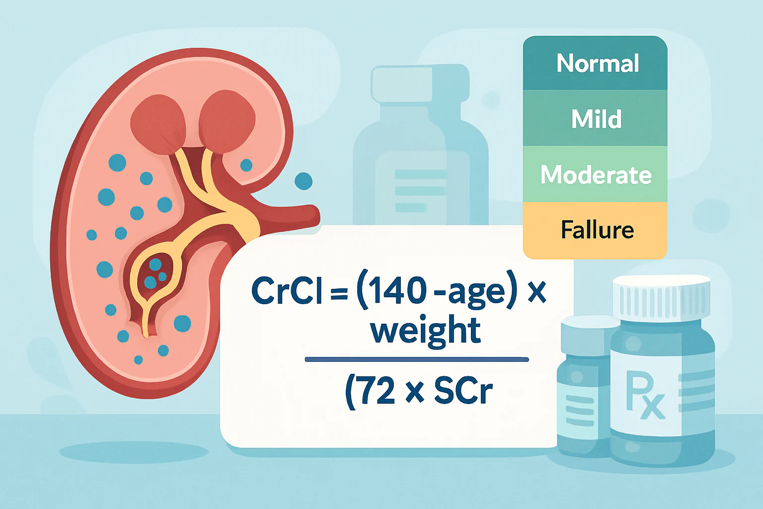 Medical illustration showing the Cockcroft-Gault equation with kidney function staging and drug dosing adjustment ranges