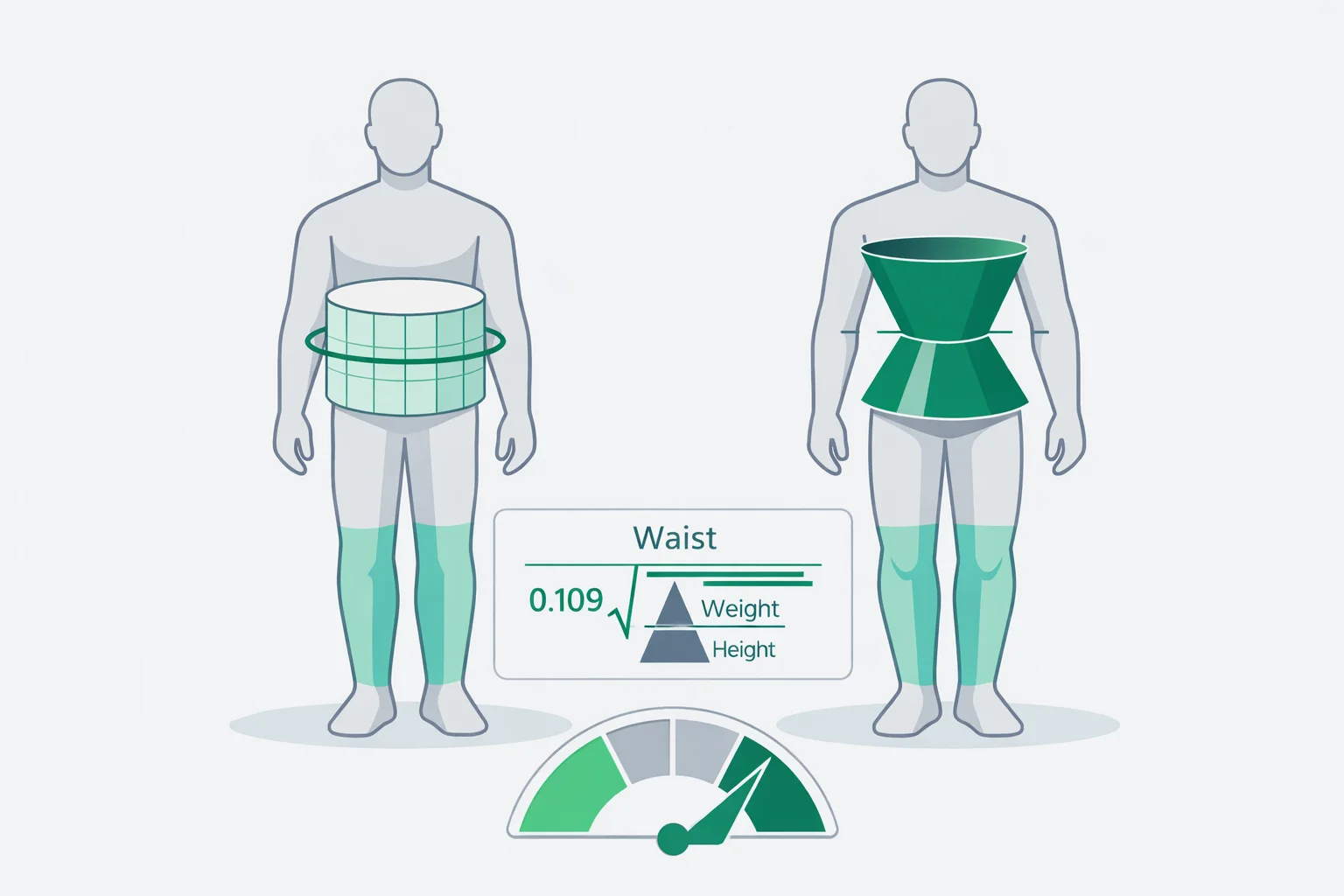 Geometric illustration contrasting a cylinder body model with a double-cone abdominal shape, the conicity index formula, and central-obesity risk thresholds