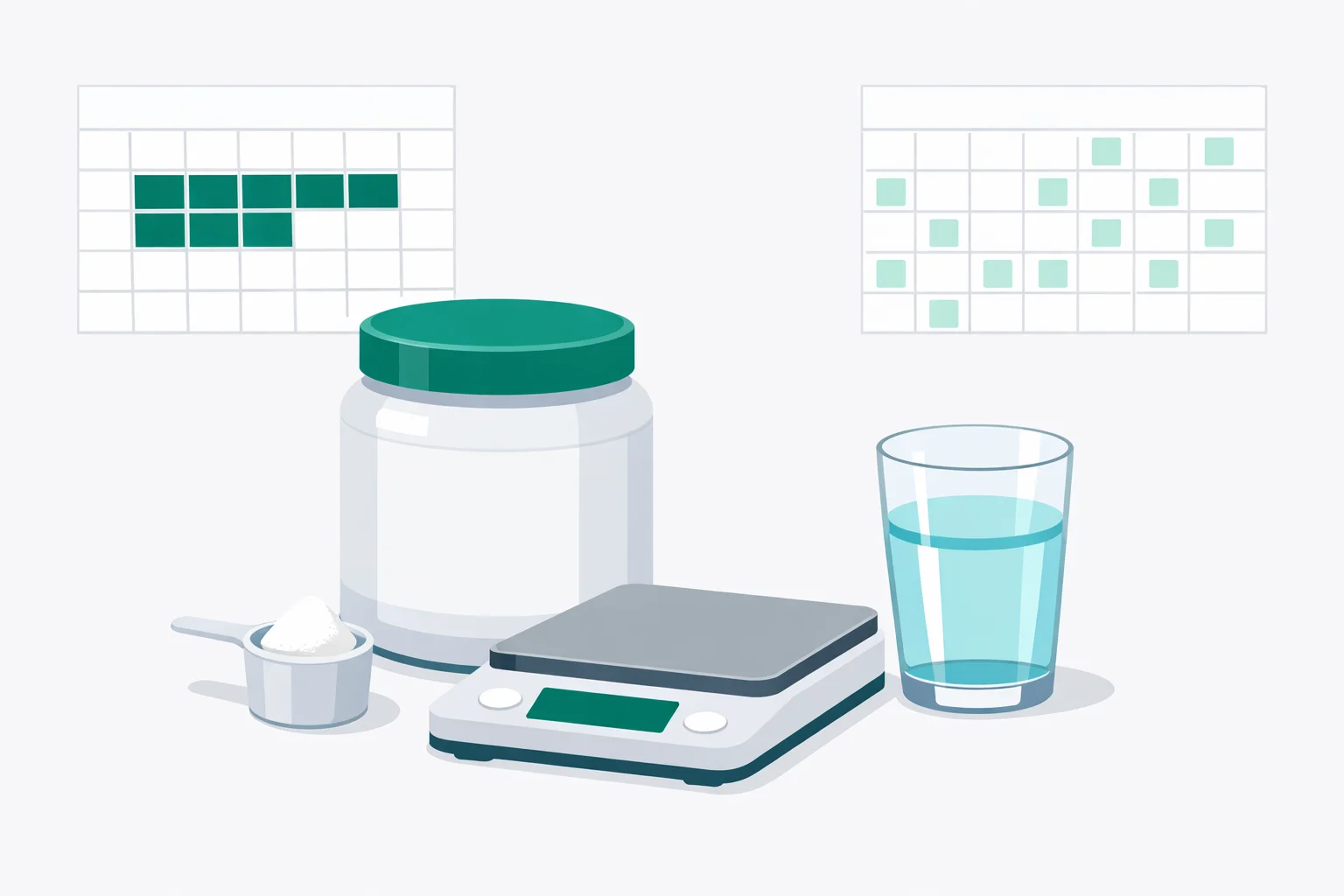 Sports nutrition illustration of creatine powder, a measuring scoop, kitchen scale, water glass, and a calendar comparing loading with steady daily intake.