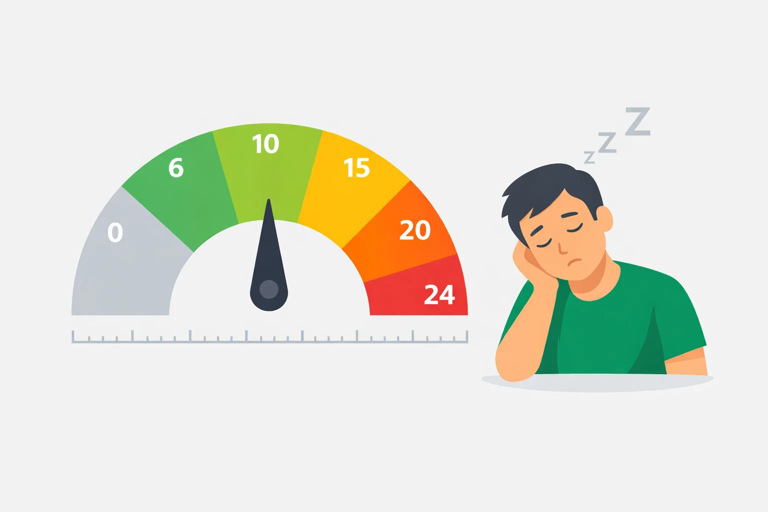Epworth sleepiness scale chart with a 0-24 score dial split into lower normal, mild, moderate and severe daytime sleepiness zones beside a dozing-off icon.