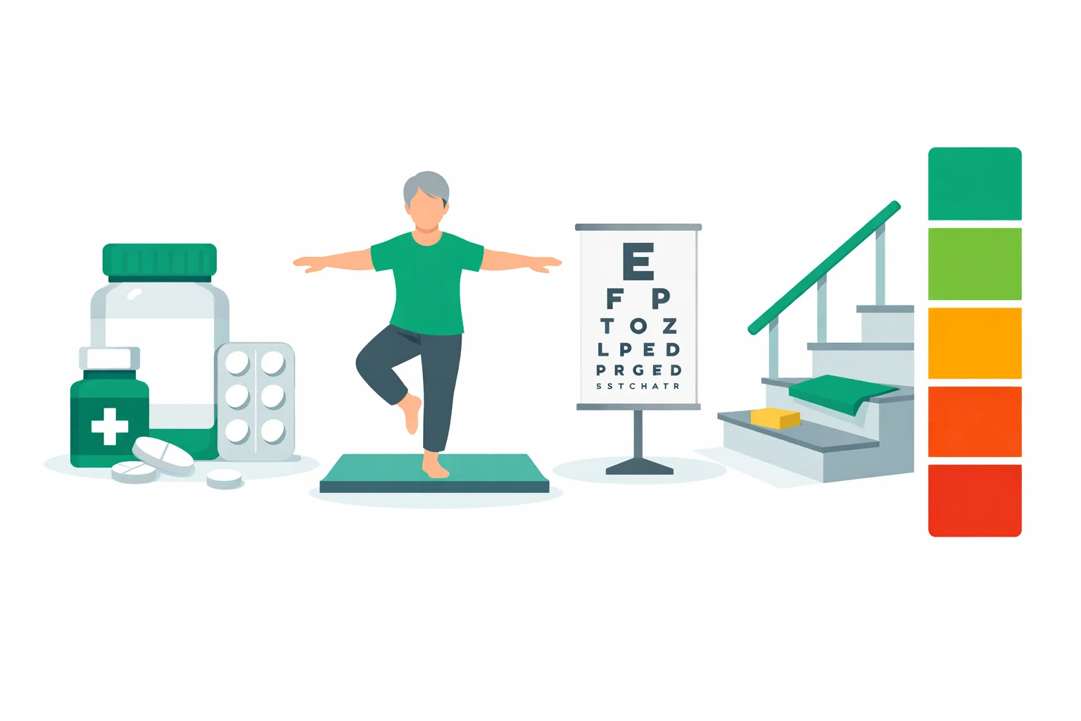 Fall risk assessment illustration showing medication bottles, a balance test, an eye chart and home stair hazards beside a colour-coded risk level scale.