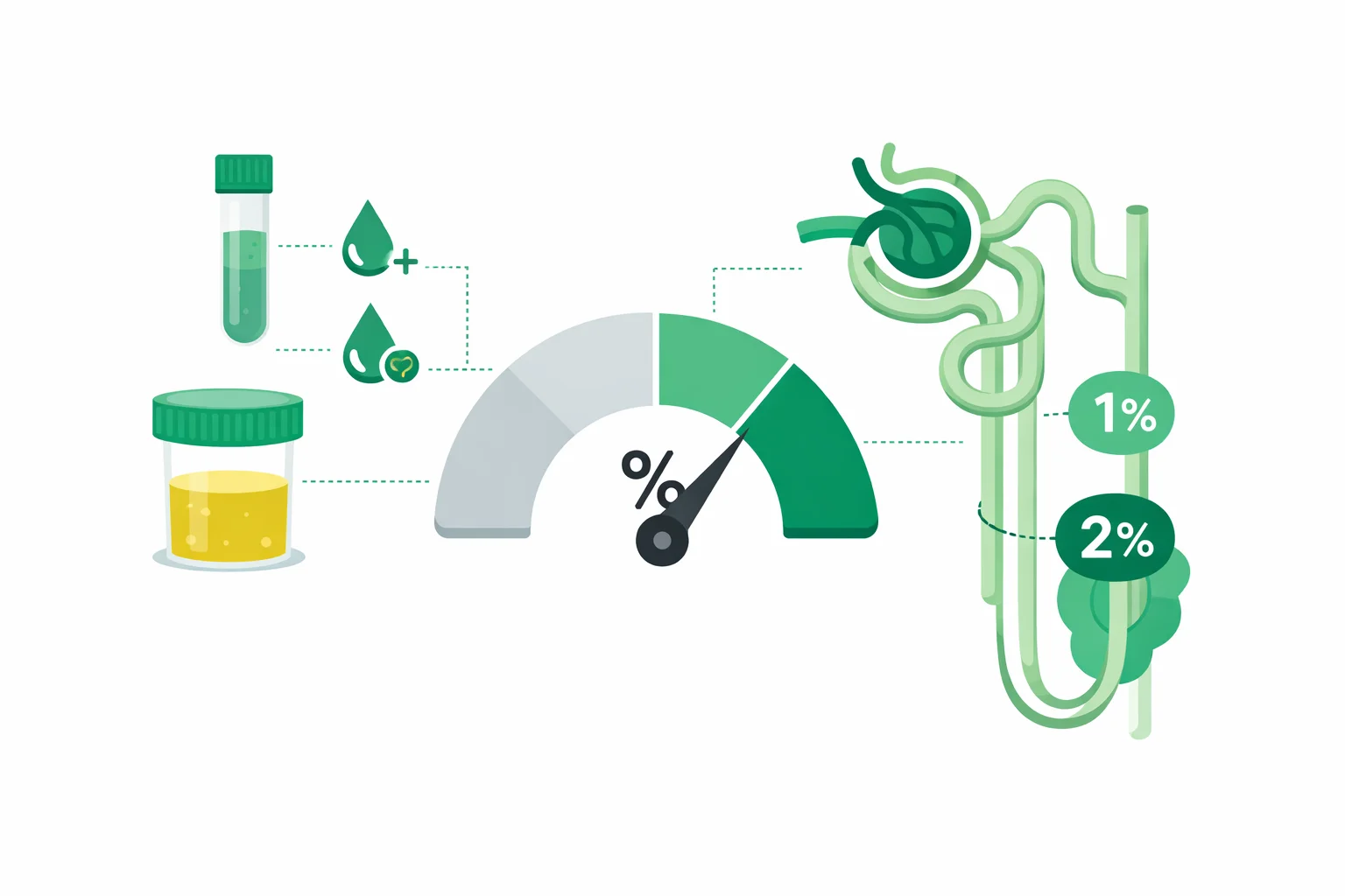 Medical illustration of the FENa formula with urine and serum sodium and creatinine feeding a percentage gauge and a nephron with 1% and 2% AKI thresholds