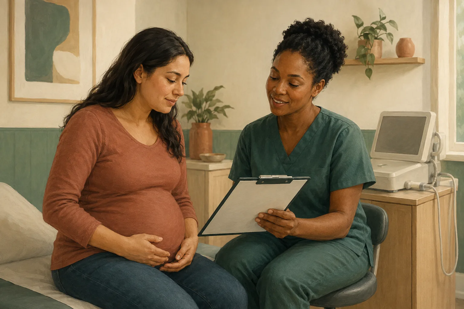 Illustration of a pregnant adult and a midwife reviewing a clipboard in a clinic, with a blank-screen monitor beside them.