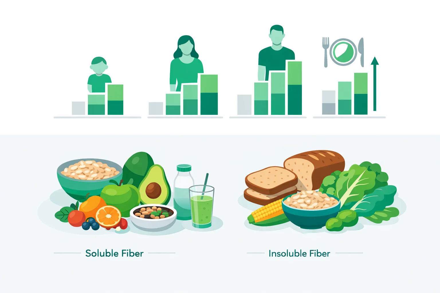 Illustration of the 14 g fiber per 1,000 kcal guideline showing soluble and insoluble fiber sources with adequate intake ranges by age, sex and calorie level