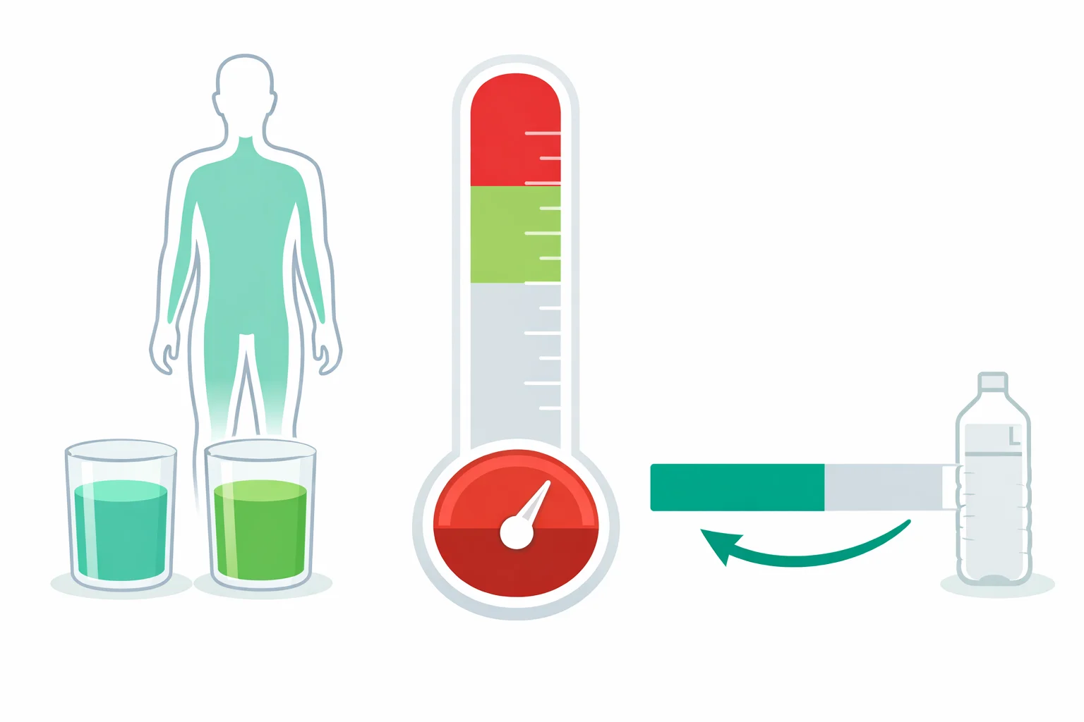 Medical illustration of total body water compartments beside a high serum sodium gauge, a litre-volume water deficit bar, and a safe daily correction arrow