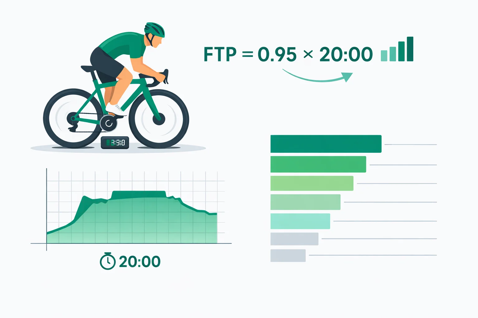 Flat illustration of a cyclist on a power meter with a 20-minute effort graph, the FTP = 0.95 x 20-min power formula, and a 7-level power-zone watts chart