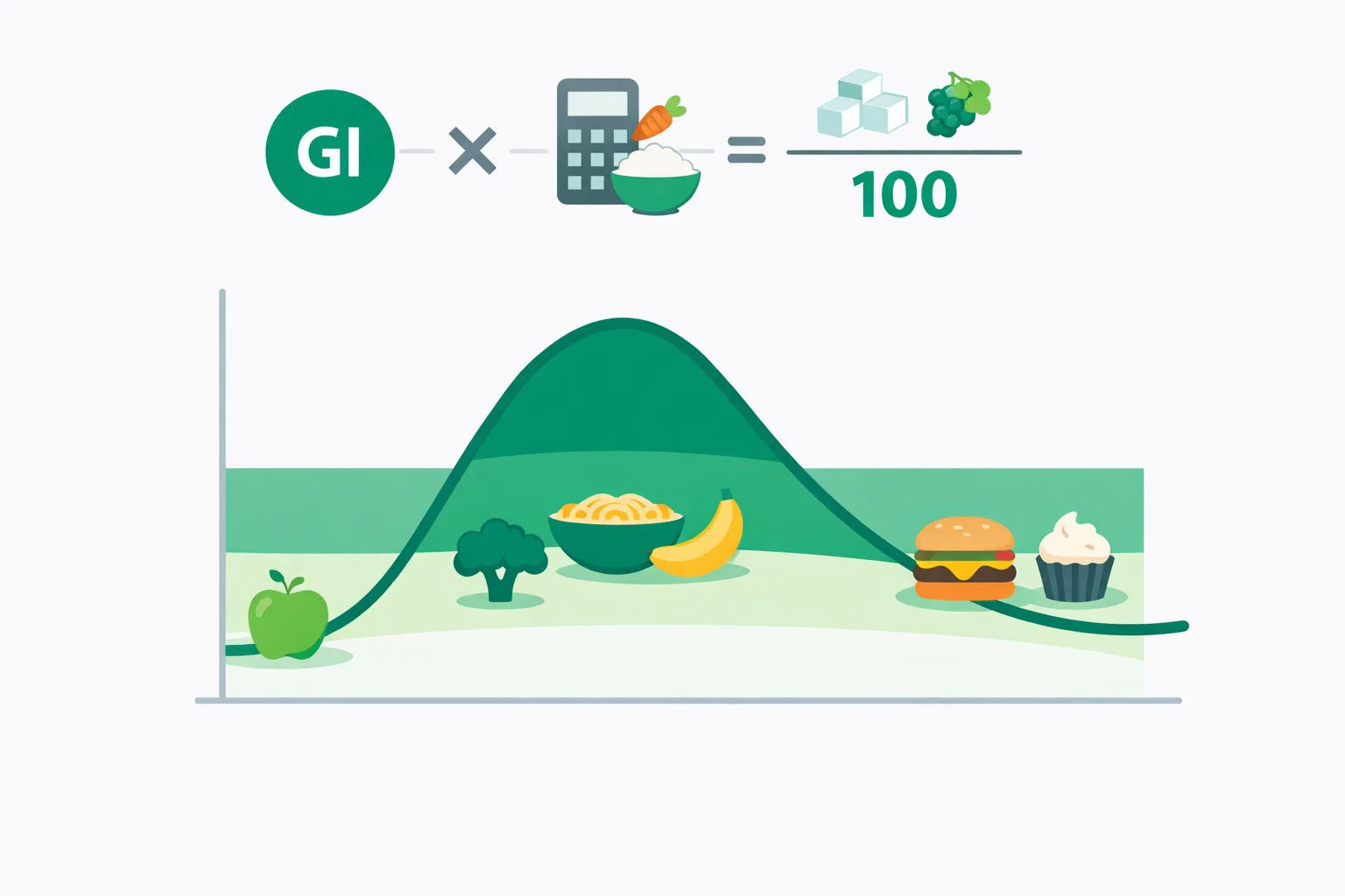Illustration of the glycemic load formula, GI times available carbs divided by 100, with a blood glucose curve and low, medium, and high GL bands for foods.