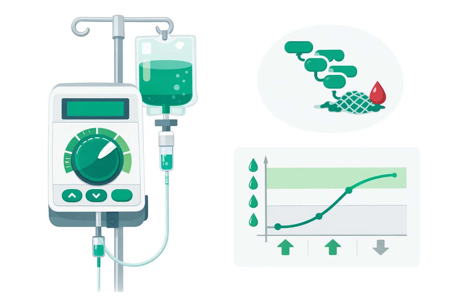 Medical illustration of an IV heparin infusion pump with a units-per-kg-per-hour dial, a clotting-cascade icon, and an aPTT nomogram adjusting the drip rate