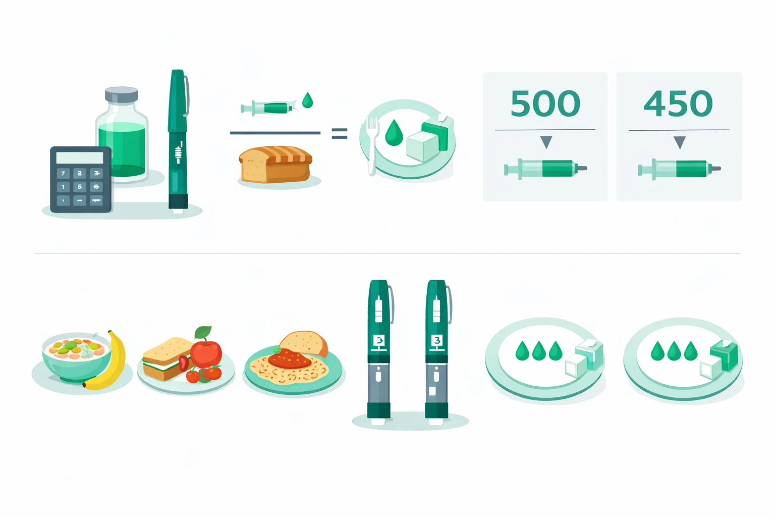Medical infographic showing insulin-to-carb ratio calculation from total daily dose with meal carb examples, bolus results, and 500 rule vs 450 rule comparison