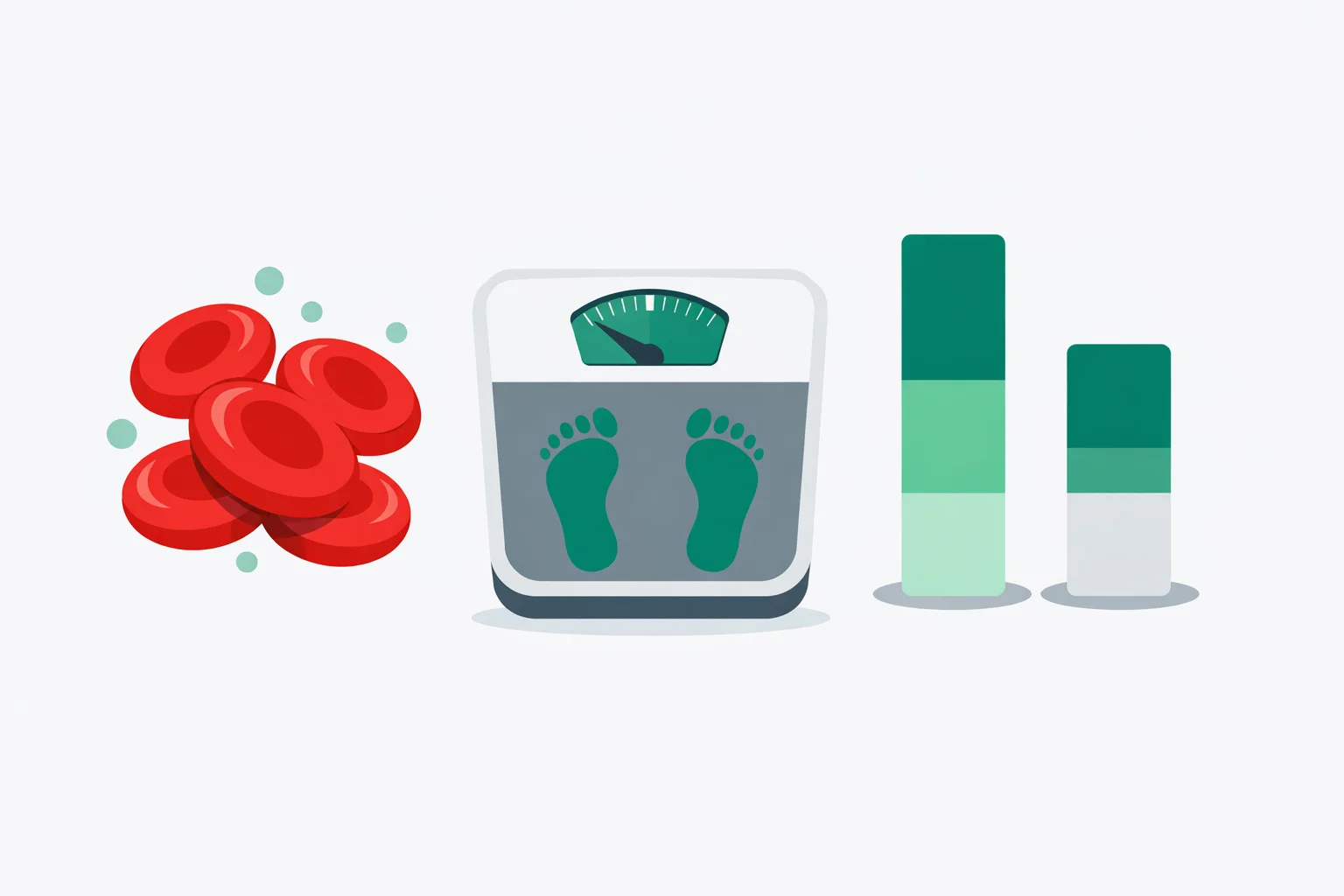 Illustration of red blood cells, a body weight scale and two separate bars representing hemoglobin correction and iron stores in a total iron deficit estimate.