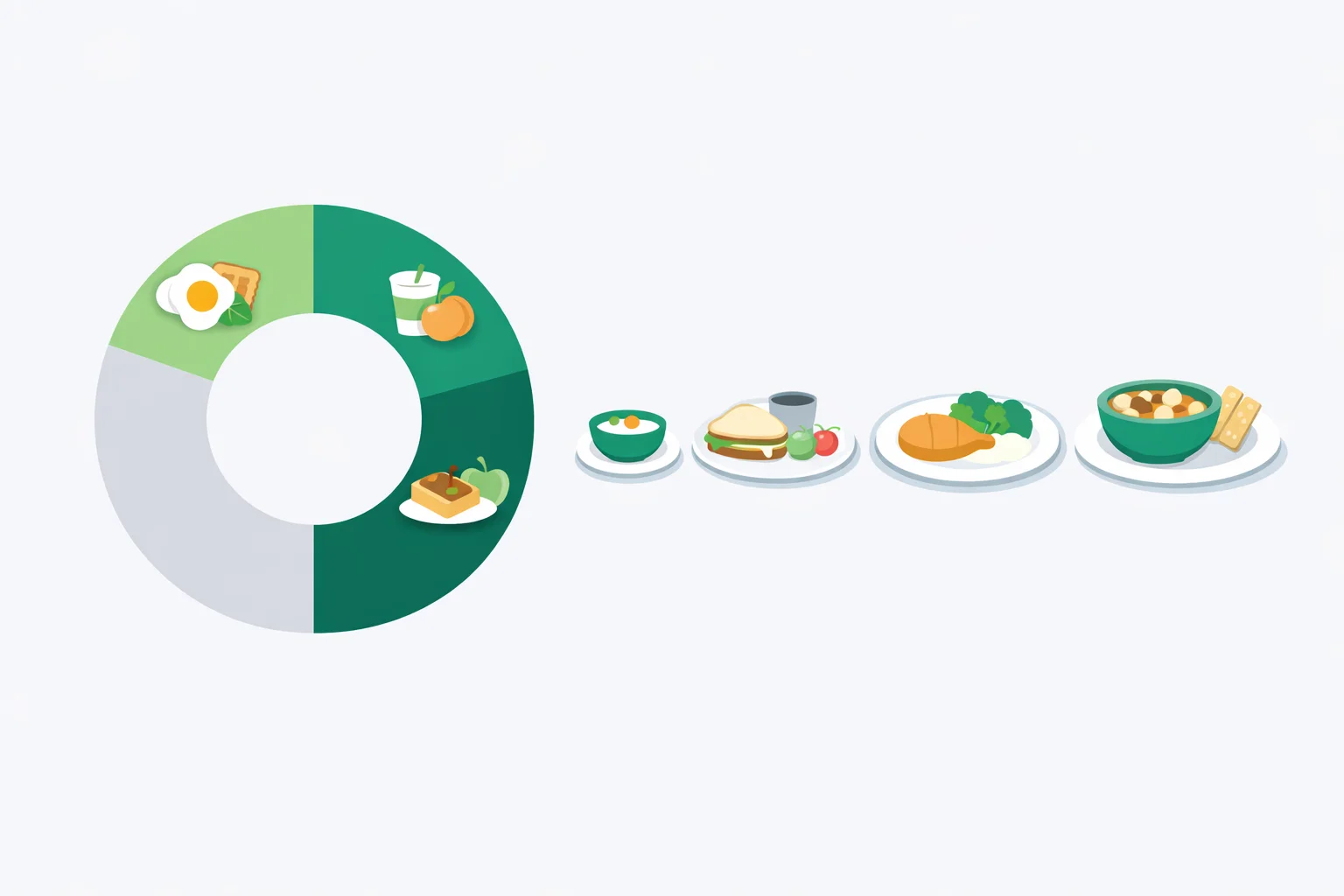 Flat illustration of a daily calorie budget divided into breakfast, lunch, dinner and snack segments on a ring chart beside four plates of increasing size.
