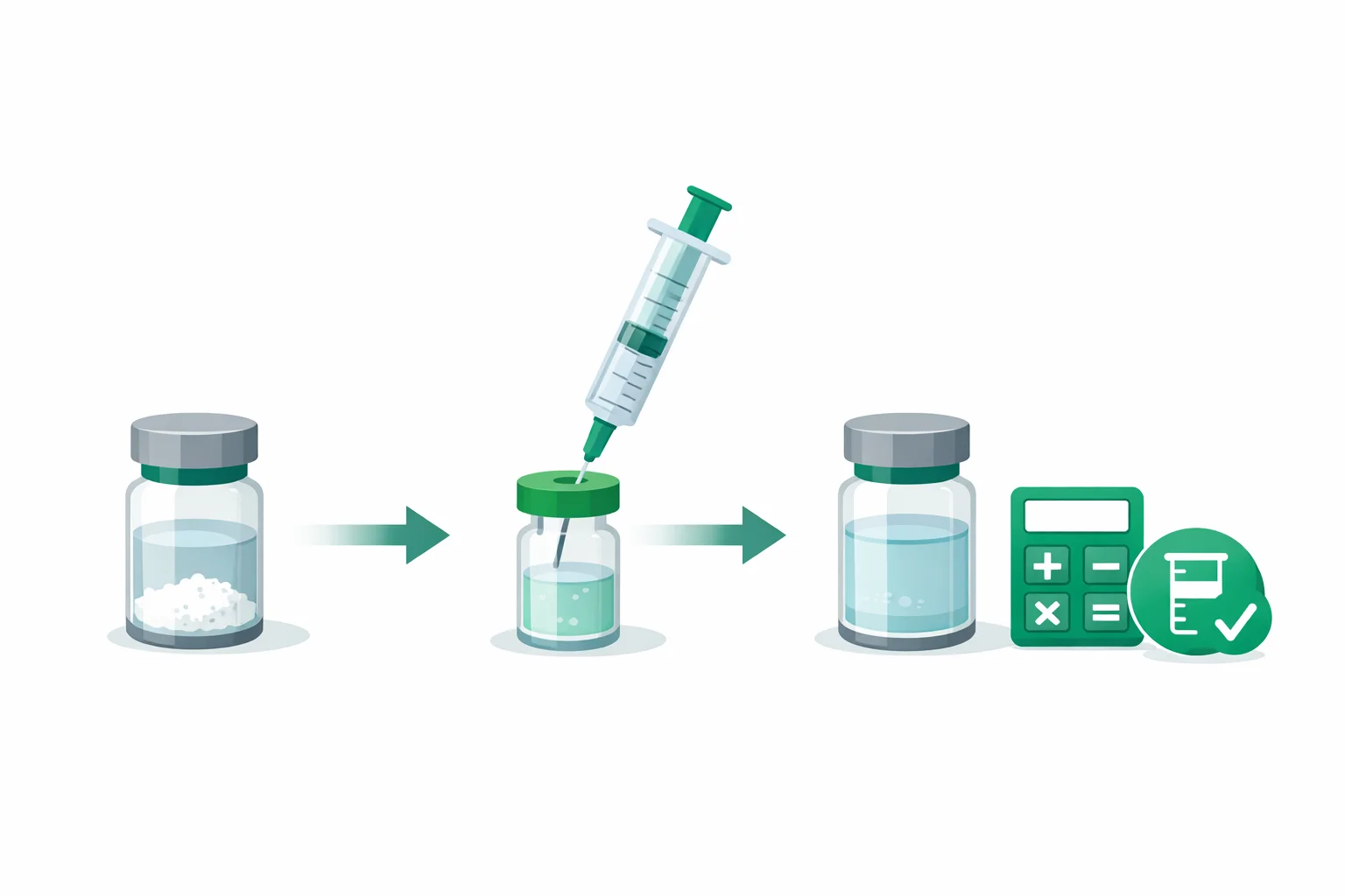 Medical illustration of medication reconstitution showing a powder vial, diluent syringe, and concentration calculator mg/mL displaying the final result