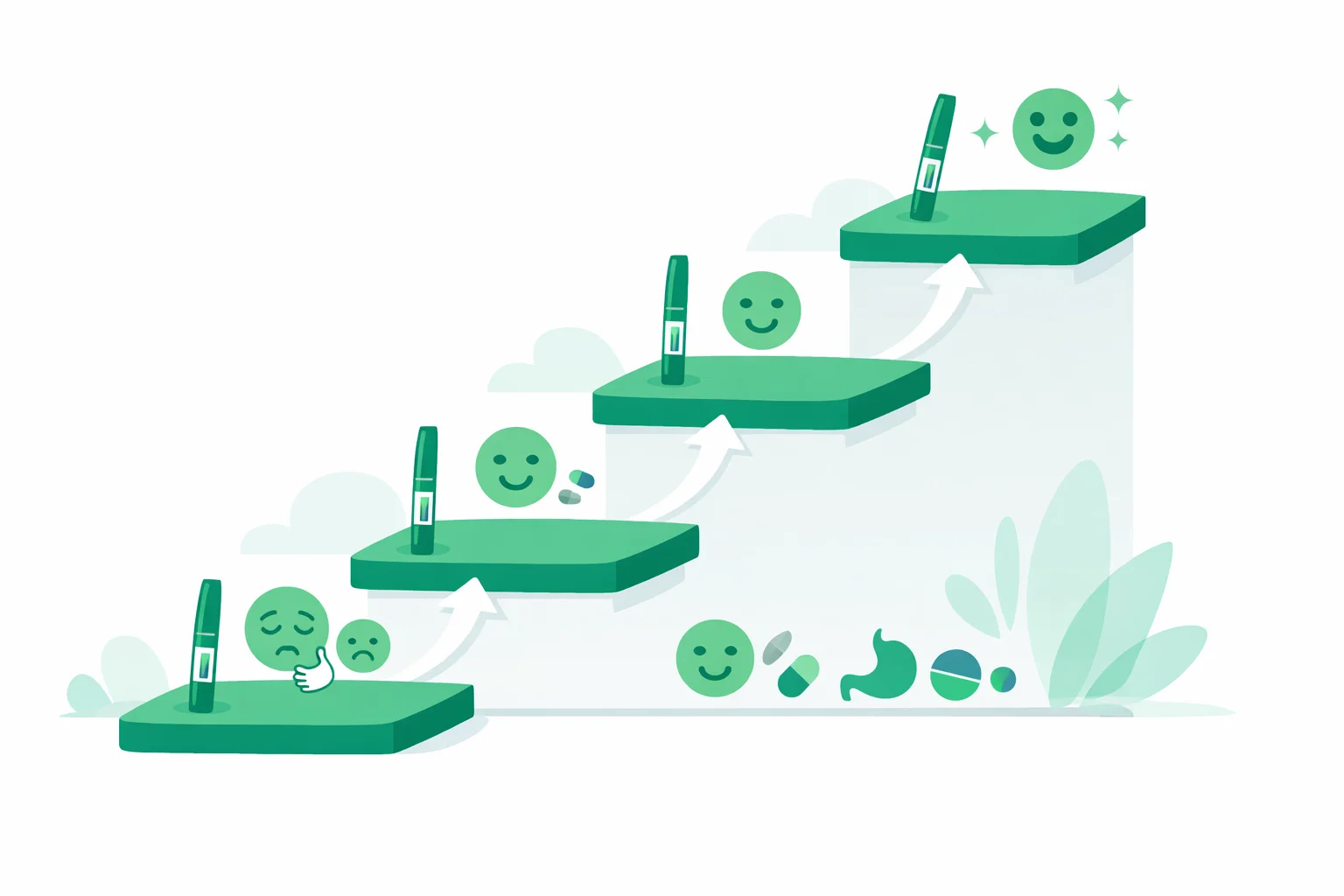 Pharmacology illustration of a semaglutide dose escalation ladder rising from 0.25 mg through 0.5, 1.0 and 2.0 mg in four-week steps, side effects easing