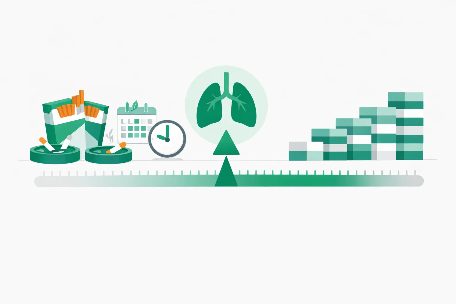 Flat illustration of cigarette packs per day multiplied by years smoked into a pack-year total, with the 20 pack-year lung screening threshold marked on a scale