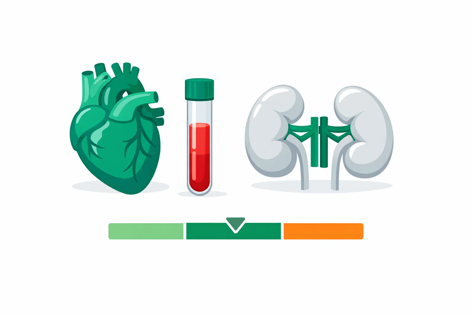 Illustration of a blood sample beside a heart and kidneys, with a colored laboratory reference strip representing low, usual and high potassium concentrations.