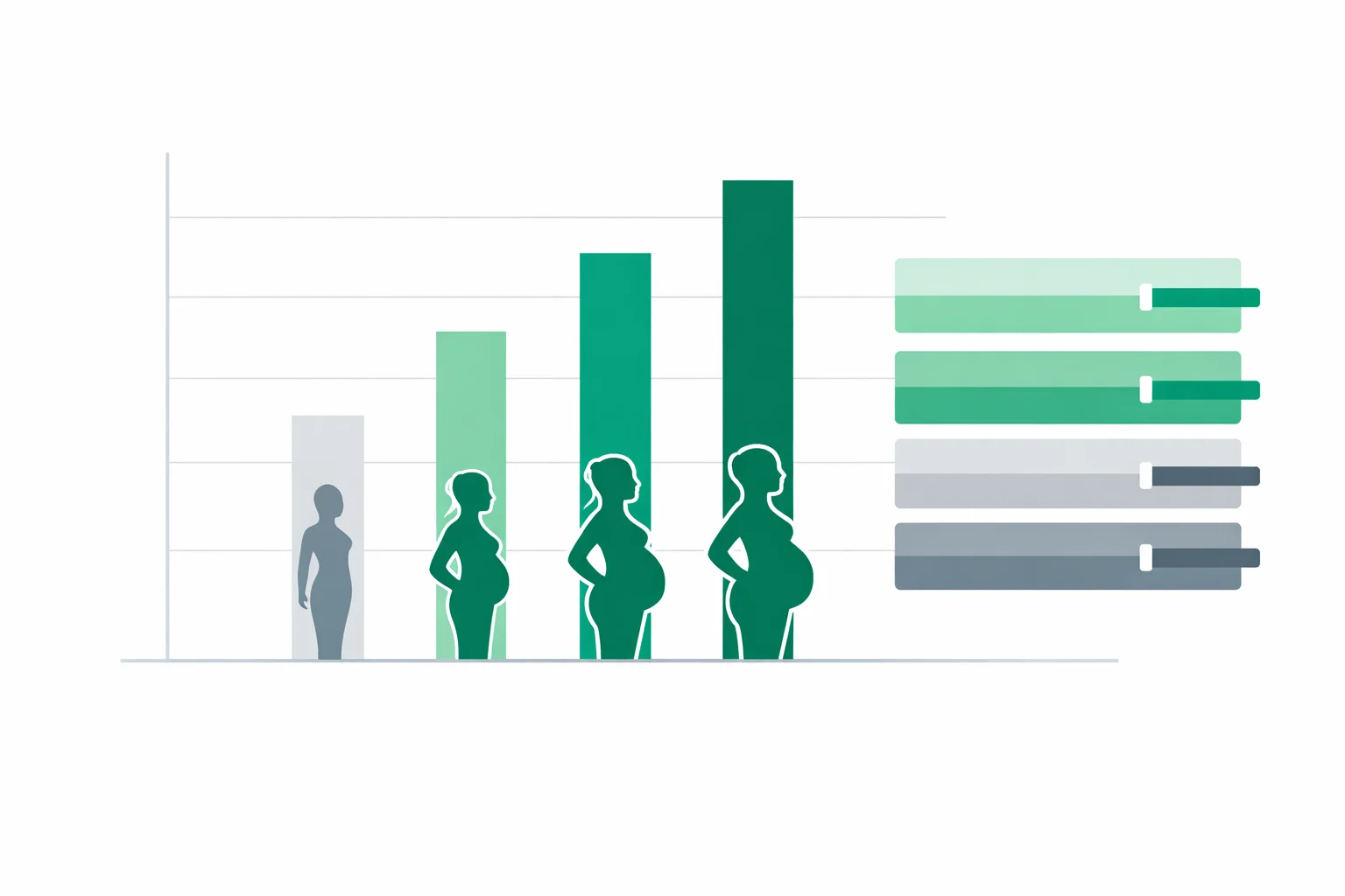 Chart comparing first, second and third trimester pregnancy calorie targets against a non-pregnant baseline, with IOM gestational weight gain ranges by BMI