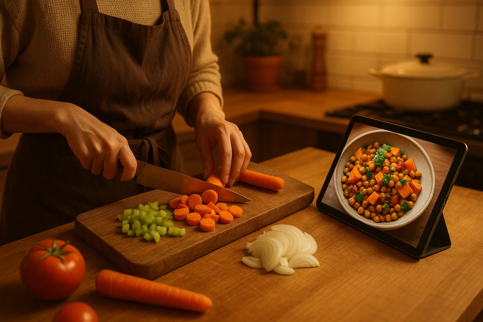 Hero image for our recipe nutrition calculator: a modern teal food illustration with measuring cups and fresh ingredients. No text, clarity and focus.