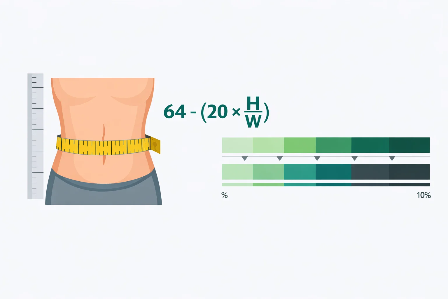 Tape measure around the waist beside a height ruler with the relative fat mass formula 64 minus 20 times height over waist and a lean-to-obese body-fat scale.