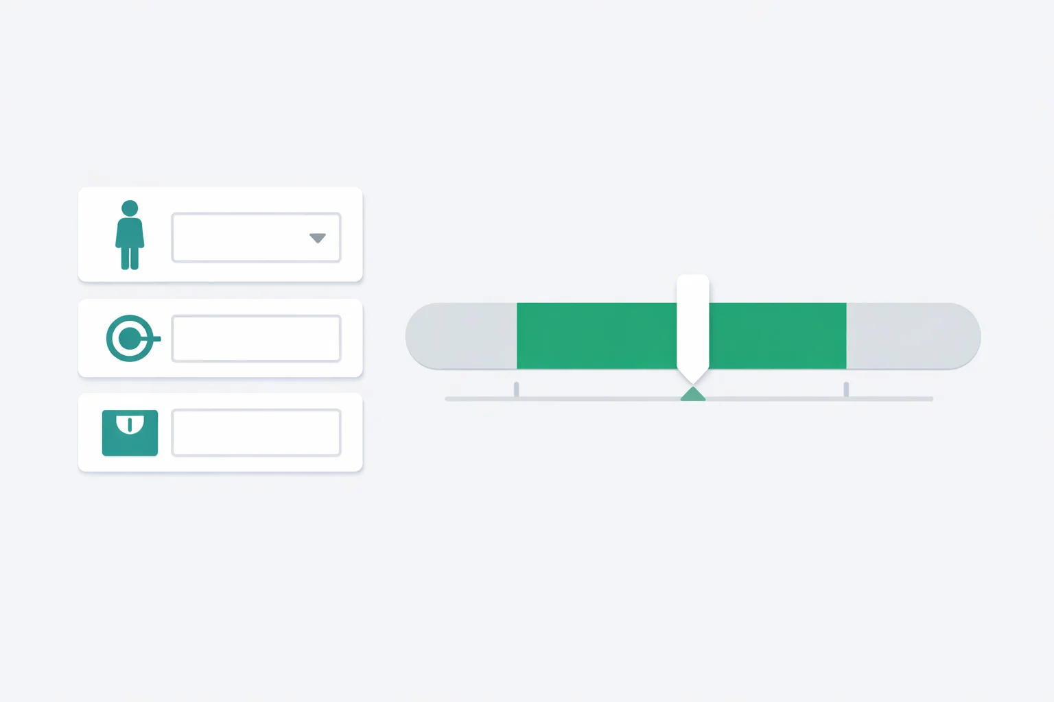 Clean illustration of a reverse BMI calculator showing height, target BMI, and goal weight with the healthy BMI zone highlighted in green on a visual scale
