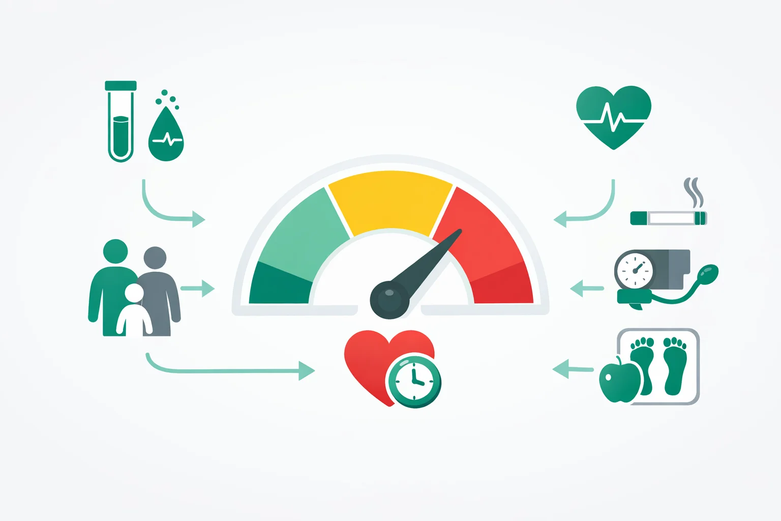 Medical diagram comparing Reynolds Risk Score and Framingham risk assessment, showing hs-CRP and family history feeding a 10-year cardiovascular risk gauge