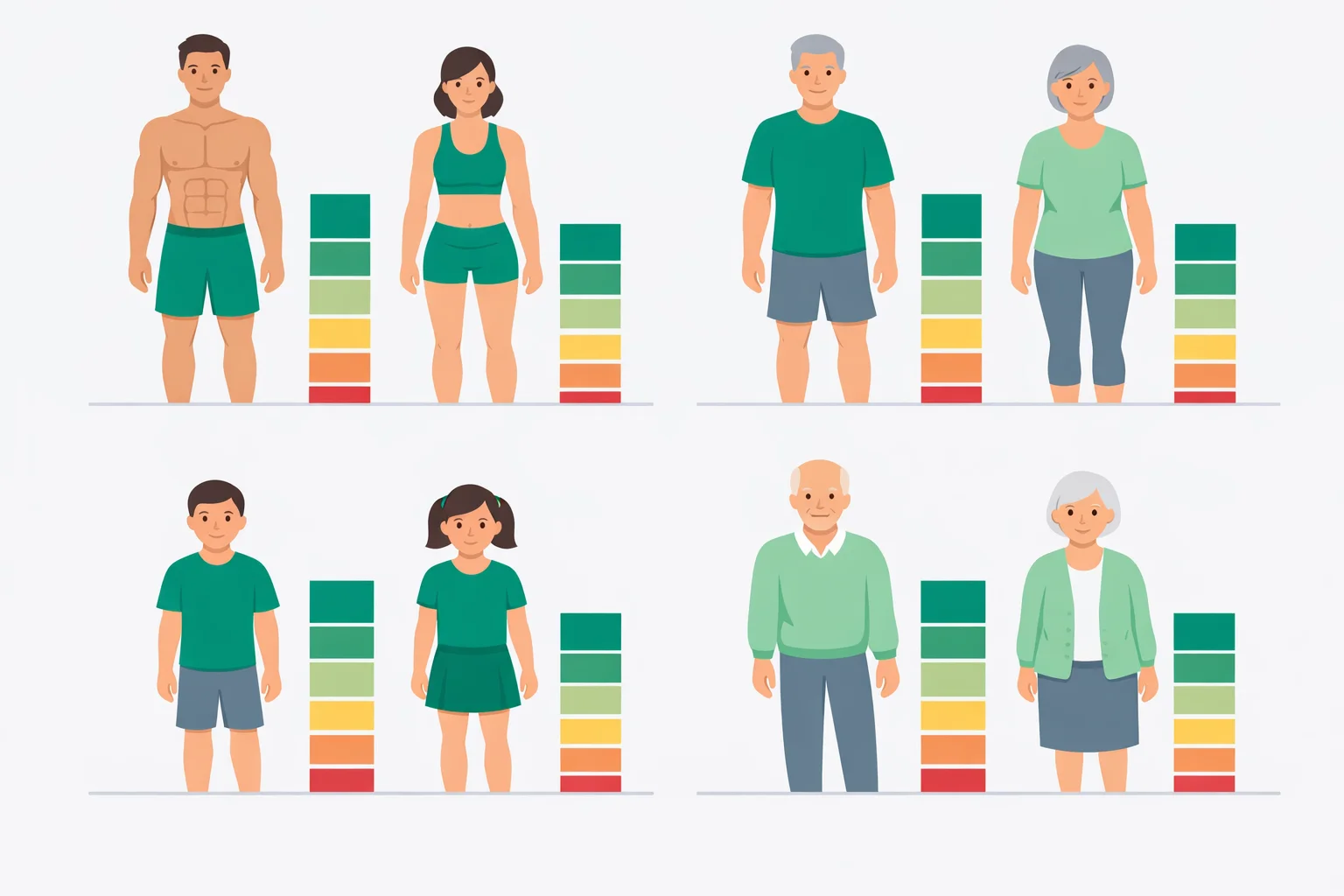 Medical illustration of healthy skeletal muscle mass percentages by age group and sex with color-coded classification ranges from low to athletic level
