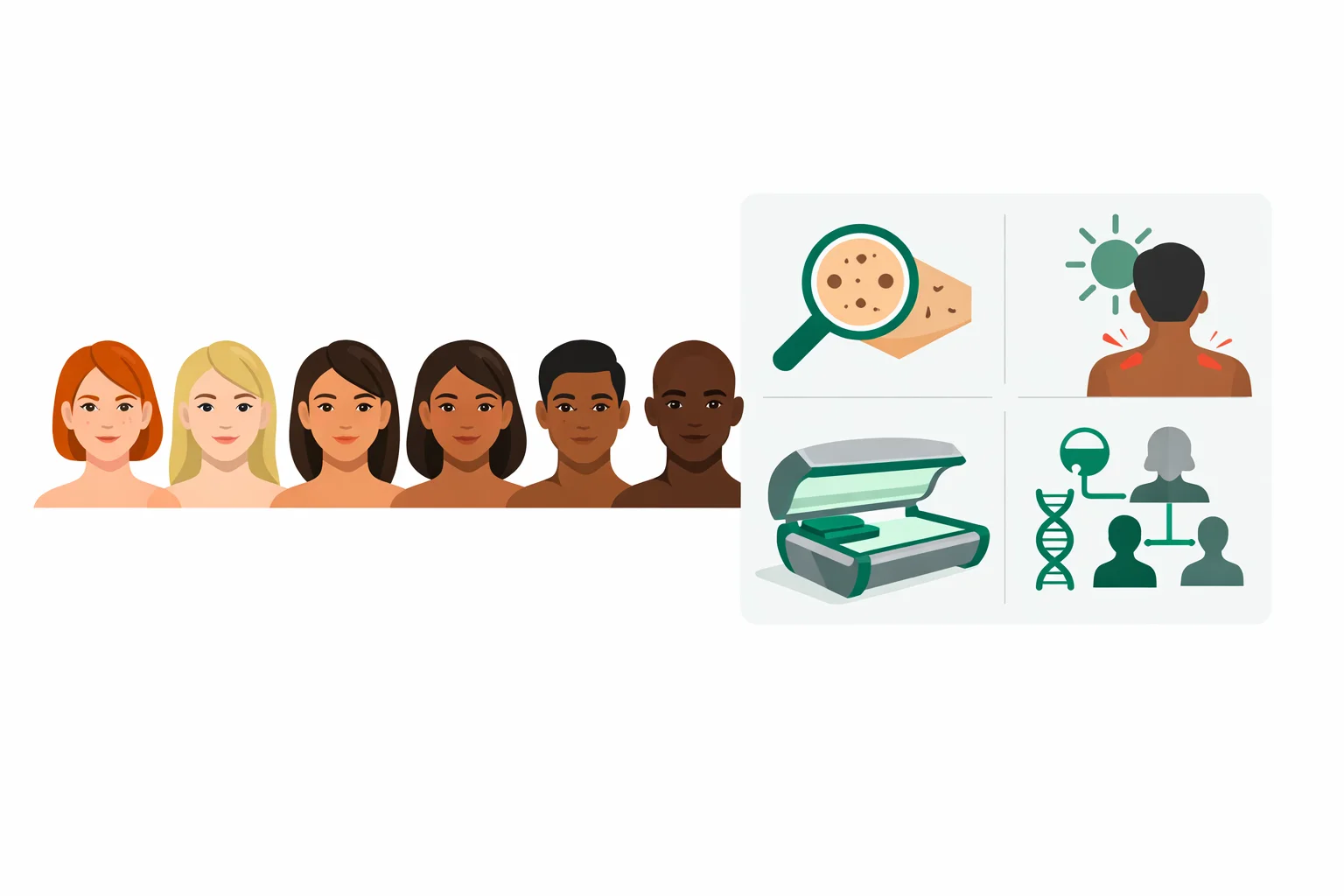Flat illustration of a Fitzpatrick skin type I to VI scale beside melanoma risk icons for mole count, blistering sunburns, sunbeds and family history.