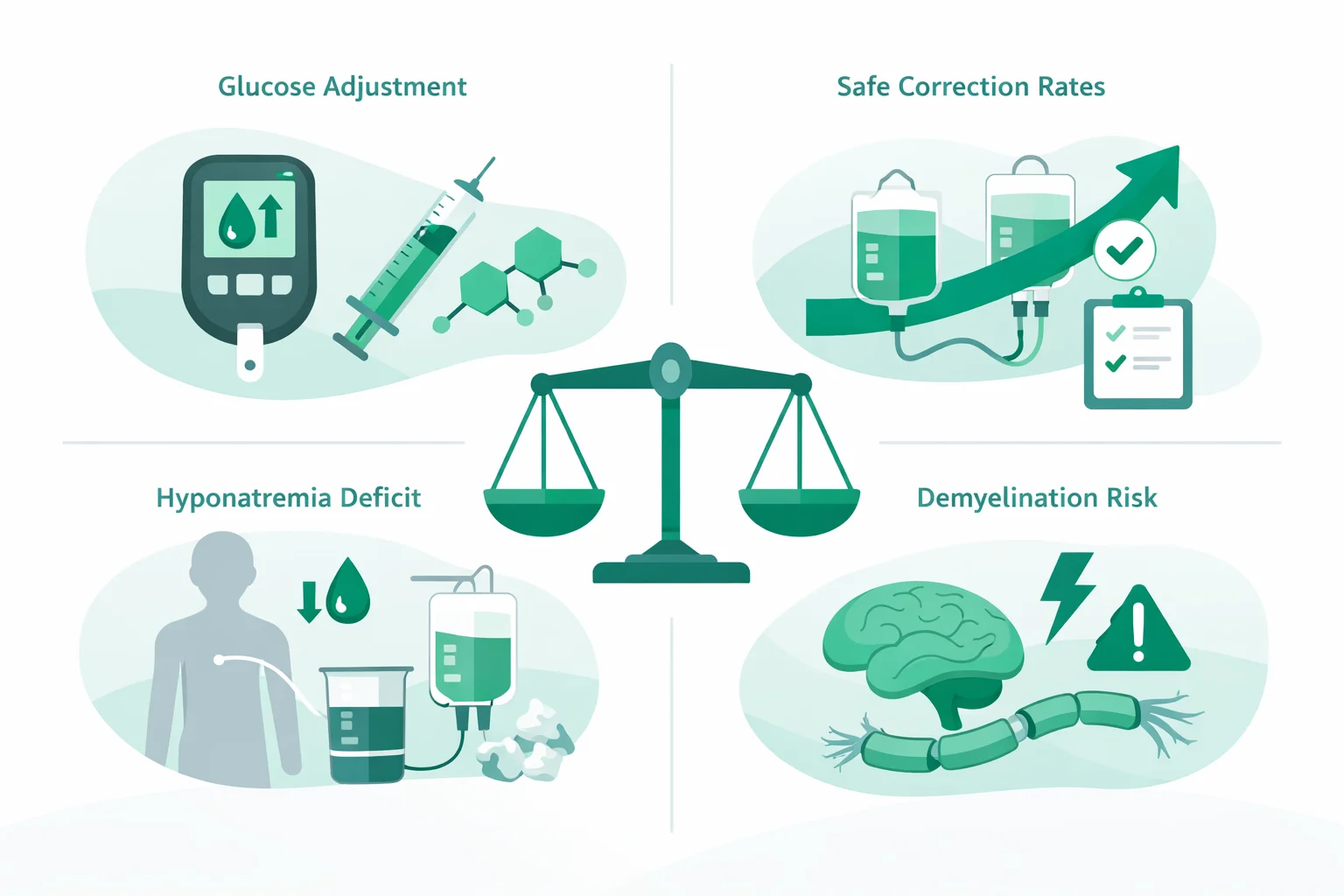 Clinical illustration of sodium correction pathways showing glucose adjustment, hyponatremia deficit, safe correction rates, and demyelination risk thresholds.