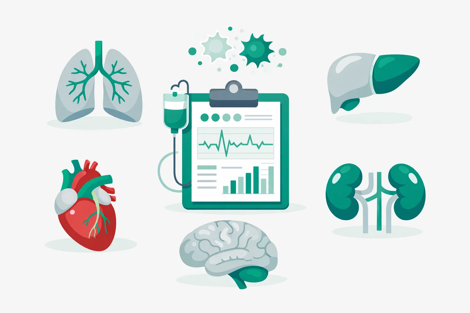 Six organ-system illustrations showing lungs, platelets, liver, heart, brain and kidneys around a critical-care chart with emerald accents on a pale background.