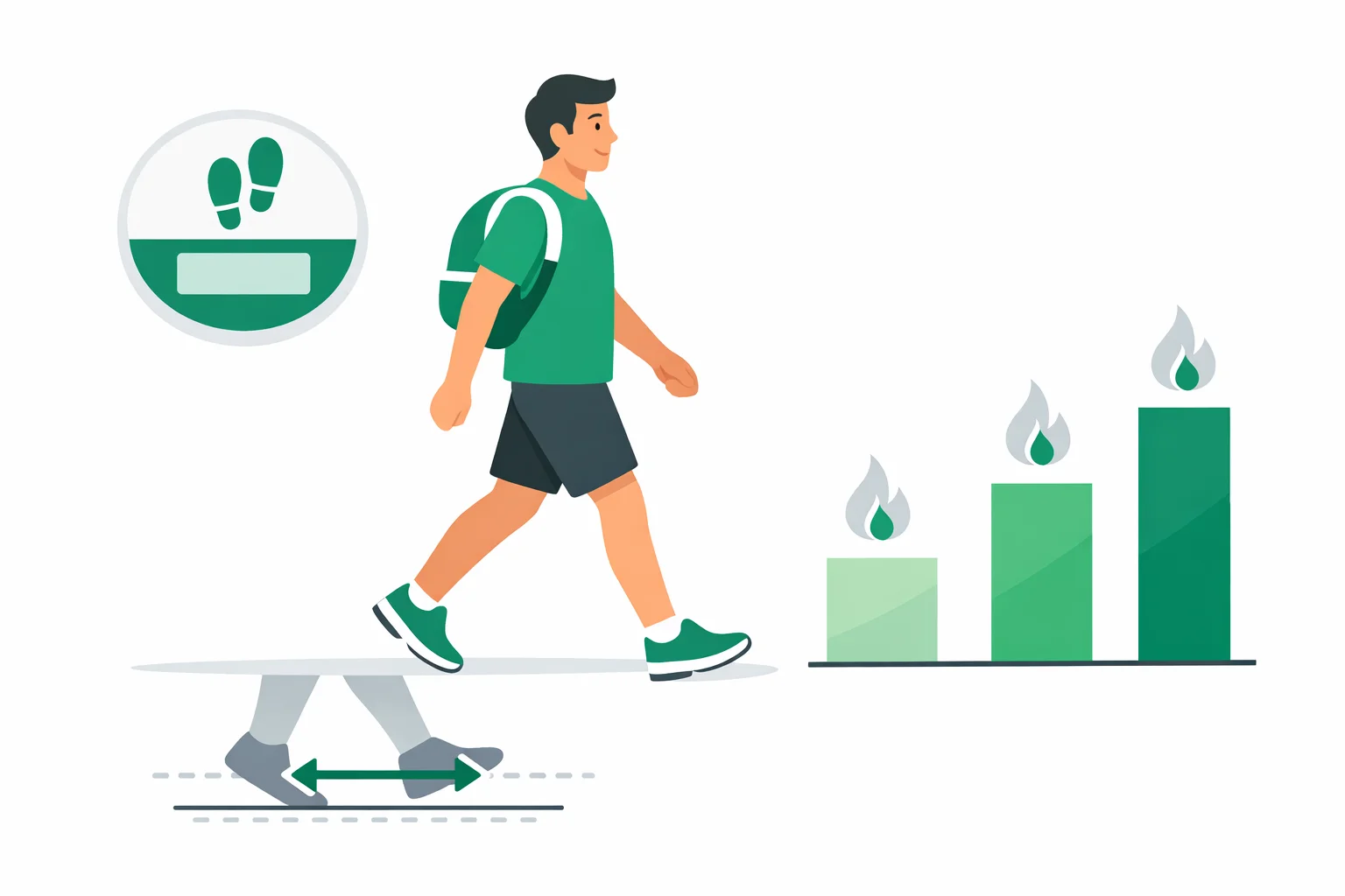 Flat illustration of a walking figure with a step counter, a stride-length diagram, and a bar chart mapping 5k, 10k and 15k step counts to calories burned