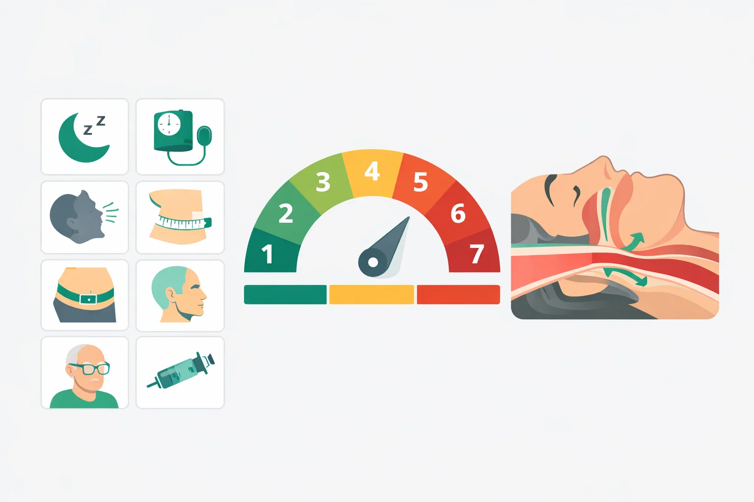 Diagram of the 8 STOP-BANG risk factors with a 0-8 score meter split into low, intermediate and high sleep apnea bands beside an airway-collapse cross-section