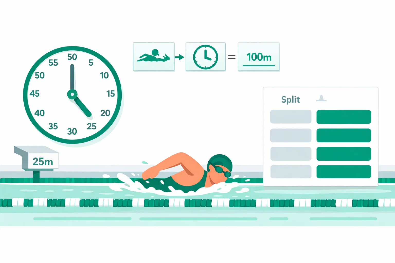 Flat illustration of a swimmer in a 25m pool lane beside a pace clock, the pace per 100 formula, and a split table showing 50, 100, 200 and 400 metre times