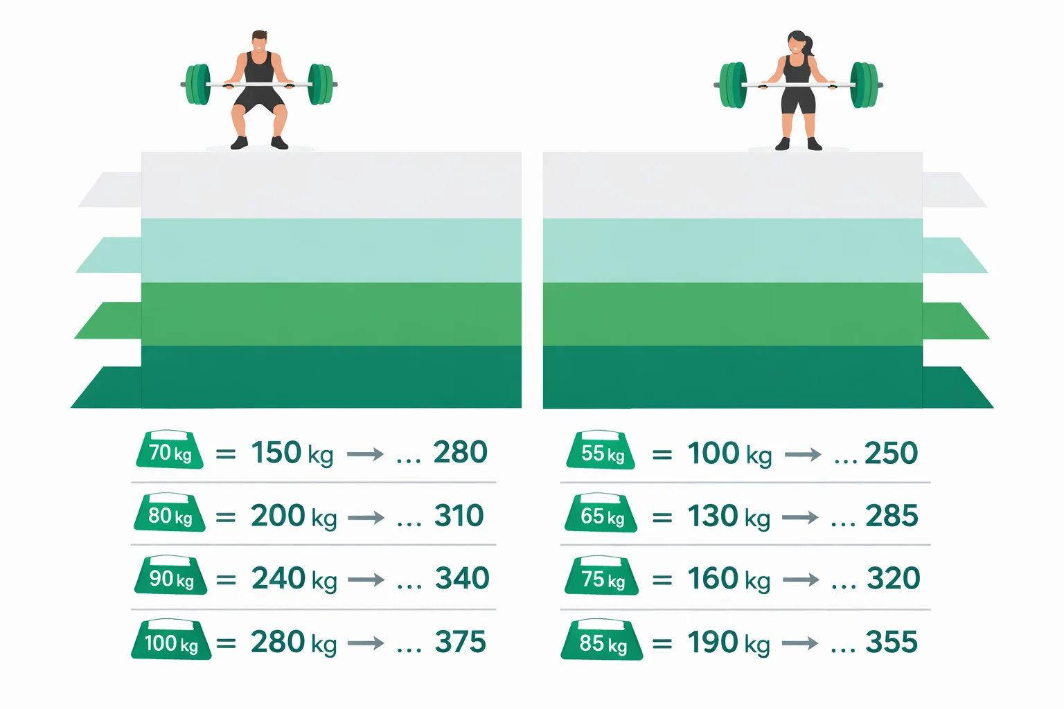 Wilks score classification chart showing beginner through world-class ranges with worked calculations for male and female lifters at different body weights