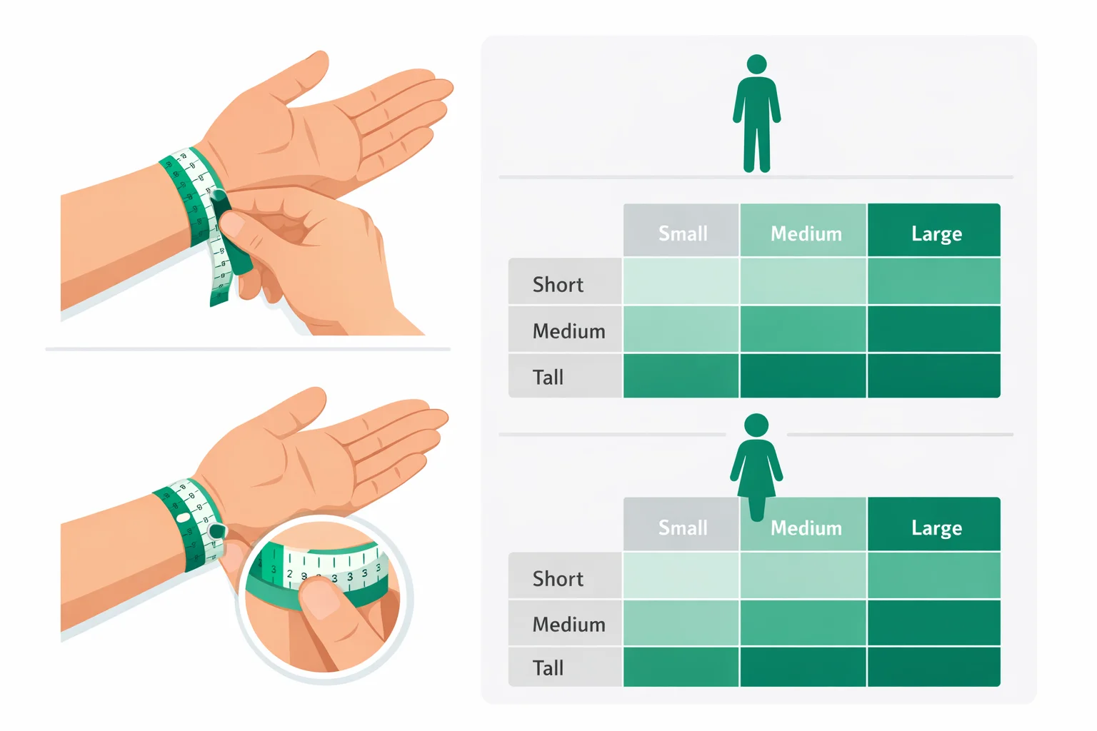 Illustrated guide showing how to measure wrist circumference with a soft tape measure, alongside a frame size classification chart organized by height and sex